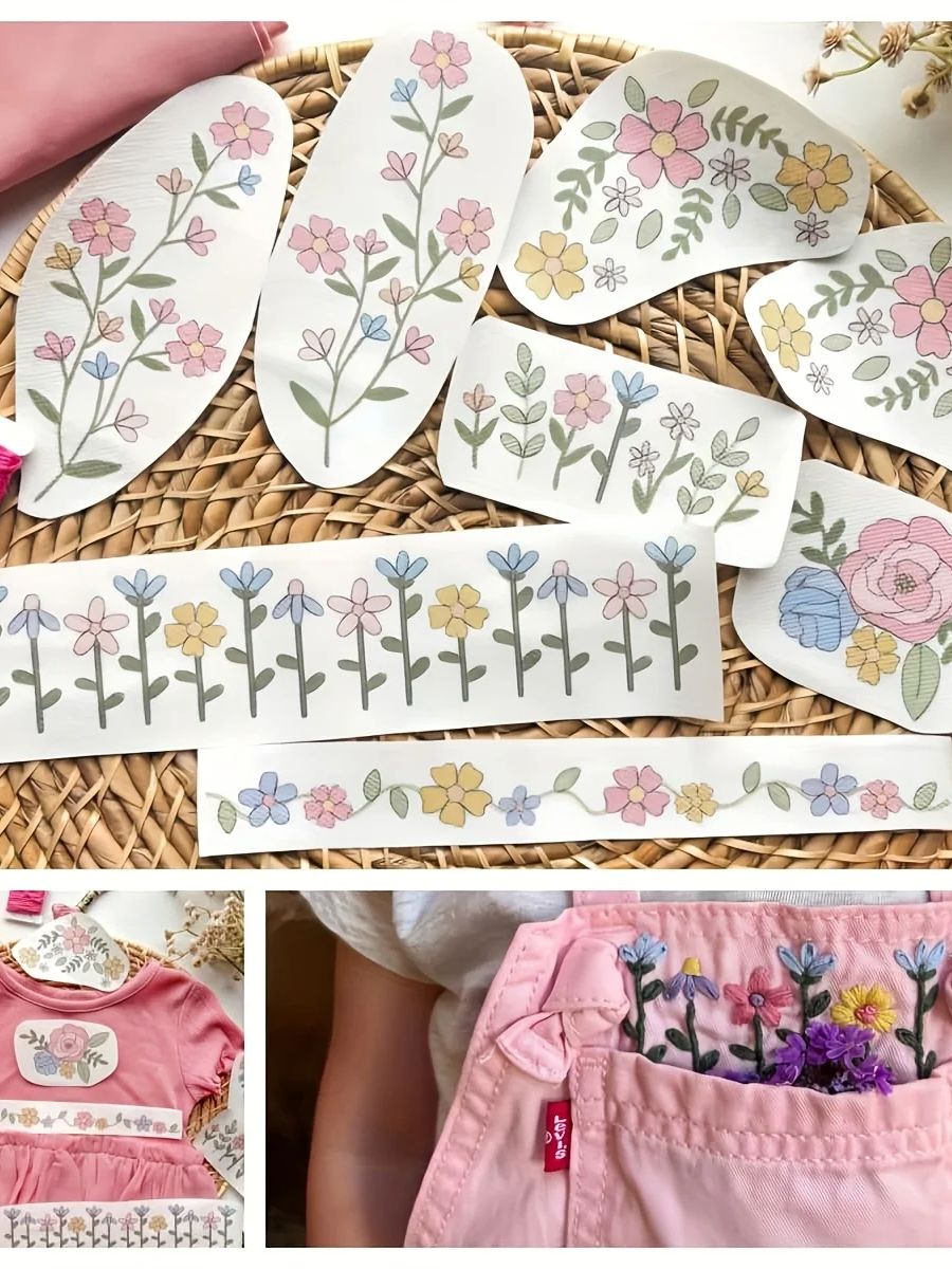 Printed Embroidery Kit - 8개의 다채로운 그래픽 세트, 세탁 가능한