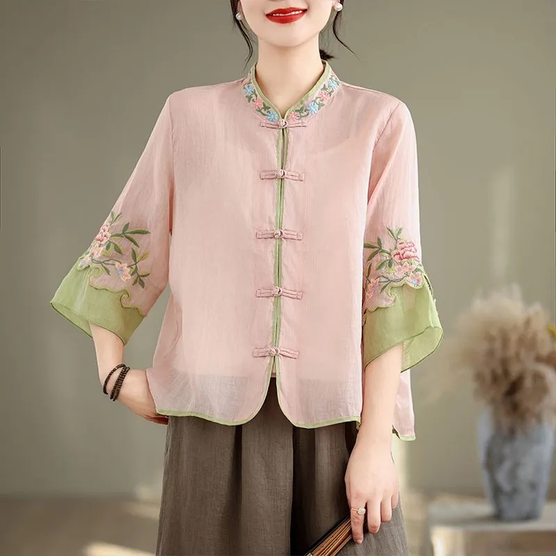 Embroidery Cardigan - 여름 면과 삼베 아트 레트로 자수