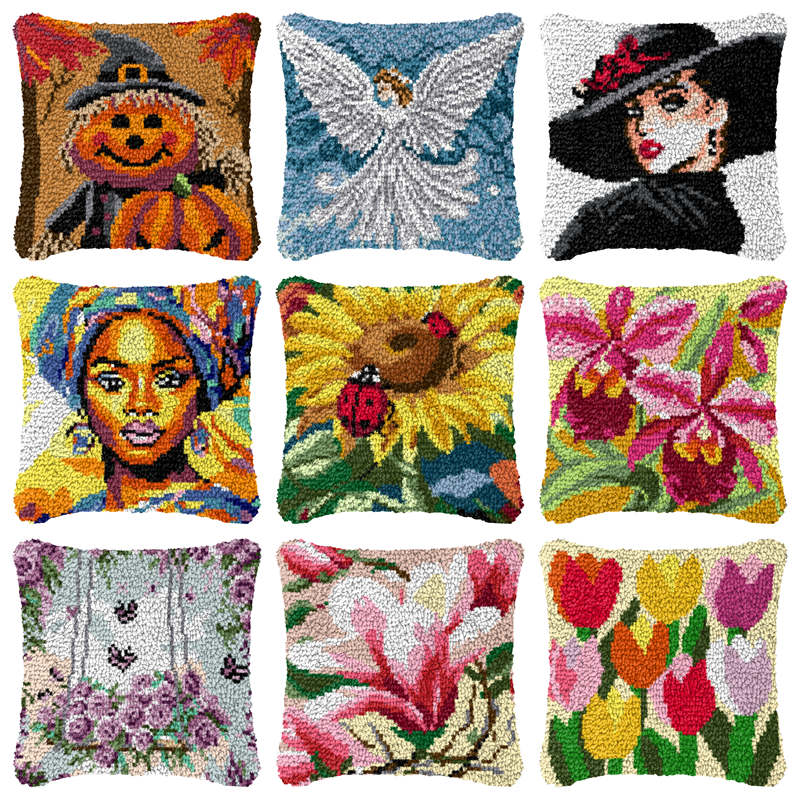 Printed Embroidery Kit - 꽃 만화 래치 훅 베개 스미르나