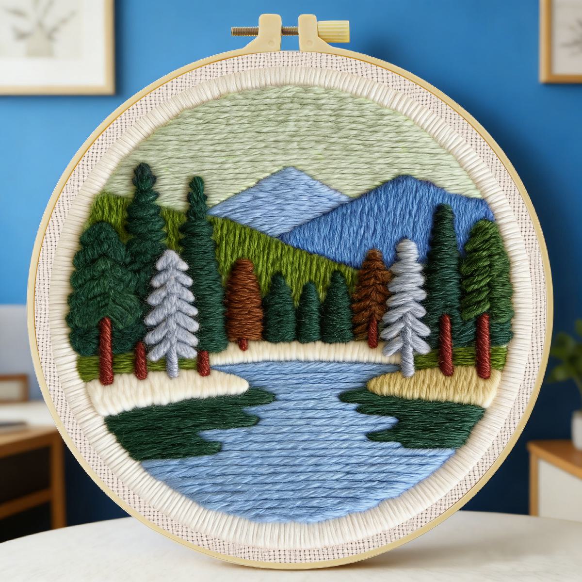 Printed Embroidery Kit - 20X20CM/7.87인치 풍경 펀치 니들 자수 세트