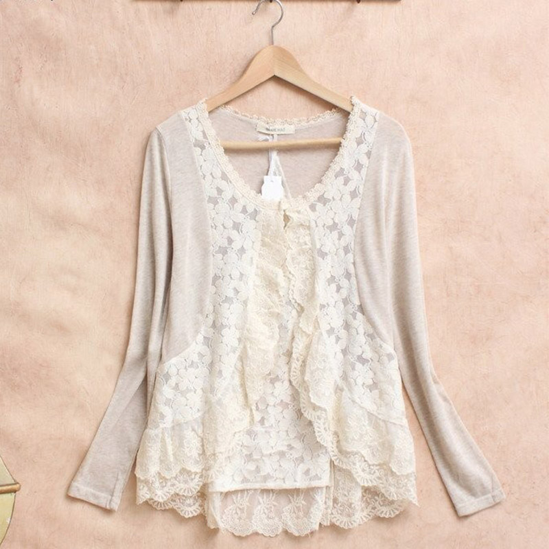 봄 모리 걸 여성 귀여운 셔츠, 크로셰 레이스 프릴,  - Embroidery Cardigan 리뷰 및 가격