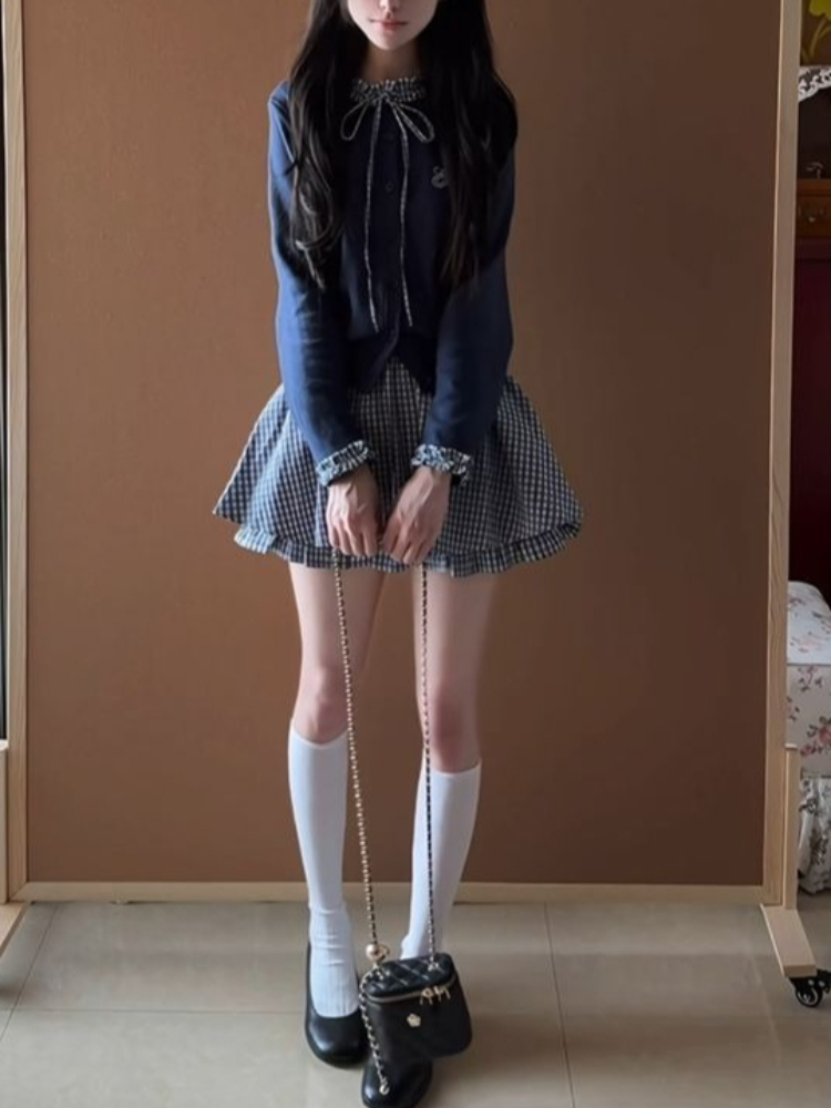 일본풍 프레피 스위트 2피스 세트 여성용 리본 칼라 니 - Embroidery Cardigan 리뷰 및 가격