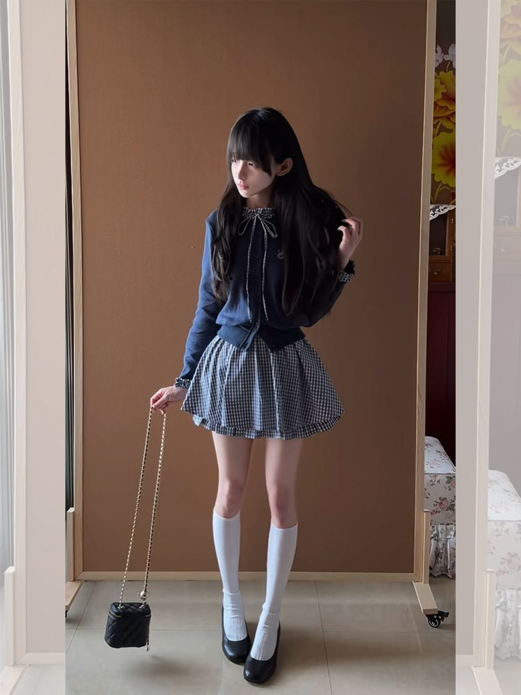 일본풍 프레피 스위트 2피스 세트 여성용 리본 칼라 니 - Embroidery Cardigan 리뷰 및 가격