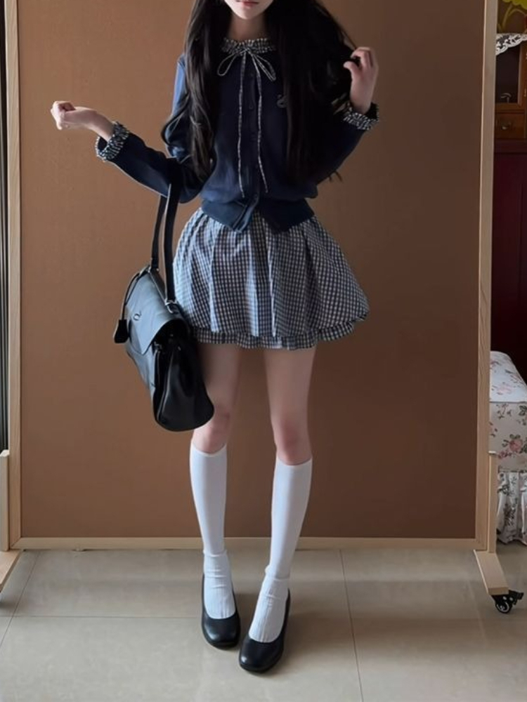 일본풍 프레피 스위트 2피스 세트 여성용 리본 칼라 니 - Embroidery Cardigan 리뷰 및 가격