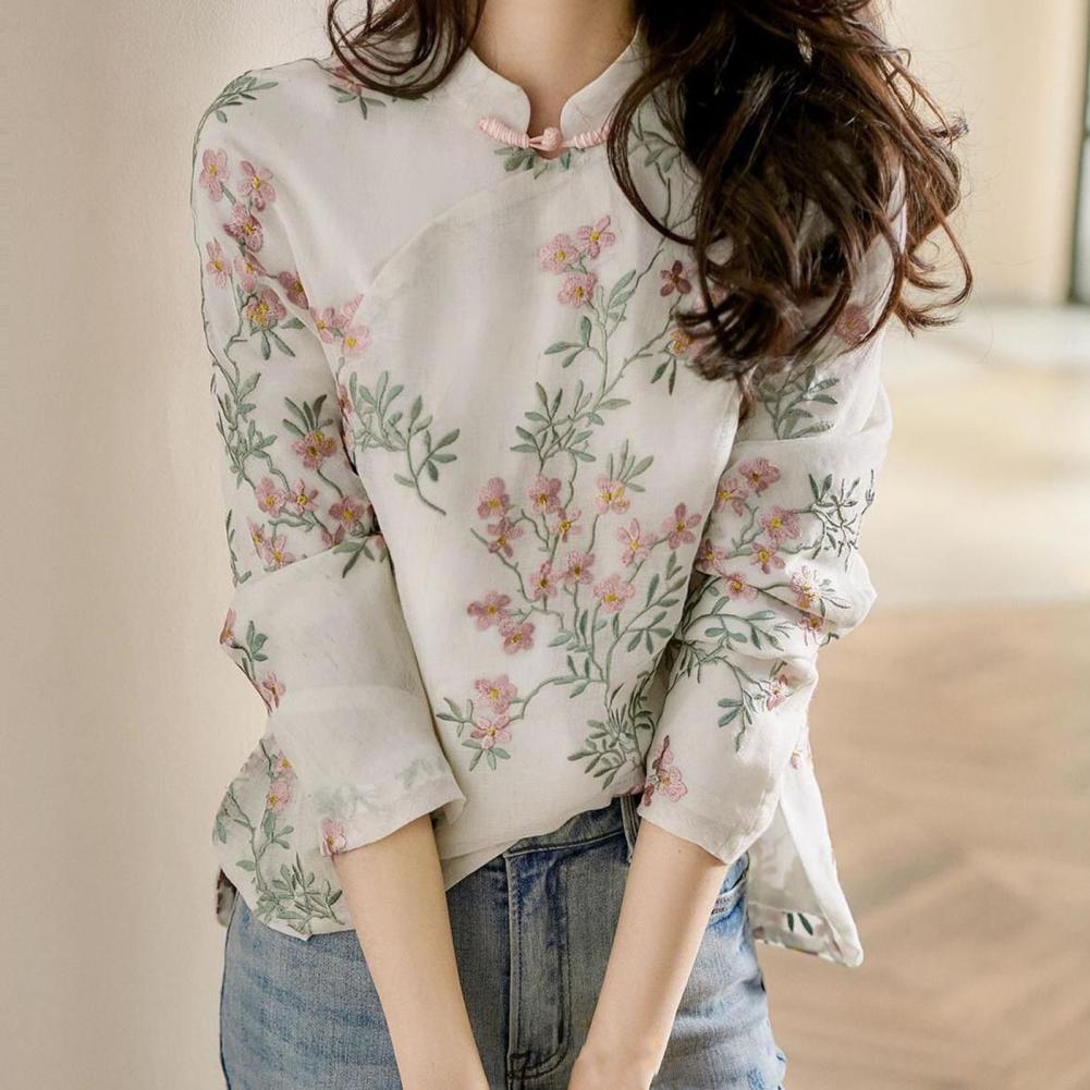 여성용 중국 스타일 자수 셔츠, 우아한 긴팔 치파오 셔 - Embroidery Cardigan 리뷰 및 가격